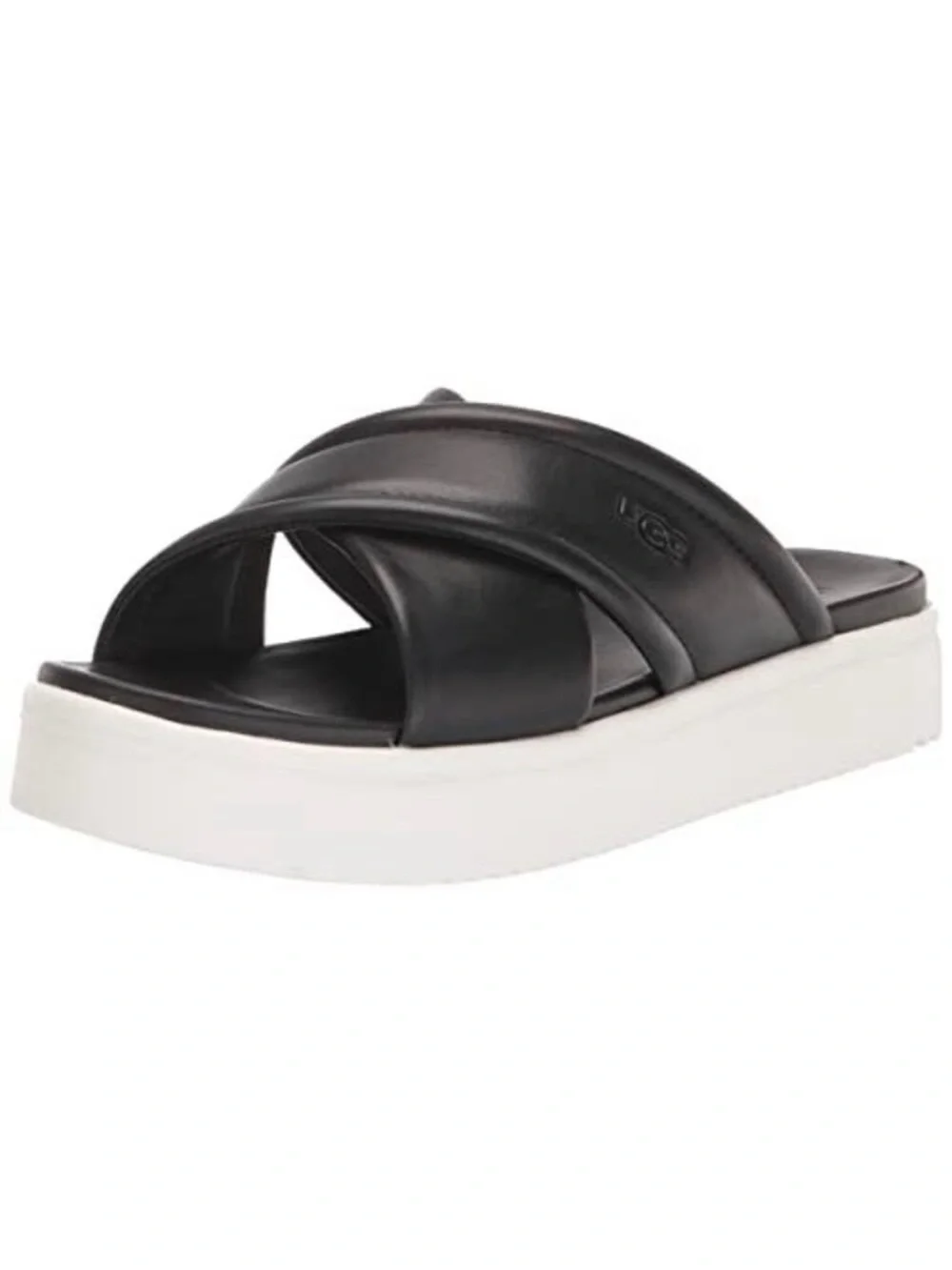 UGG Zayne Black Leather Crisscross Platform Slides with White Sole - Picture 2 of 2